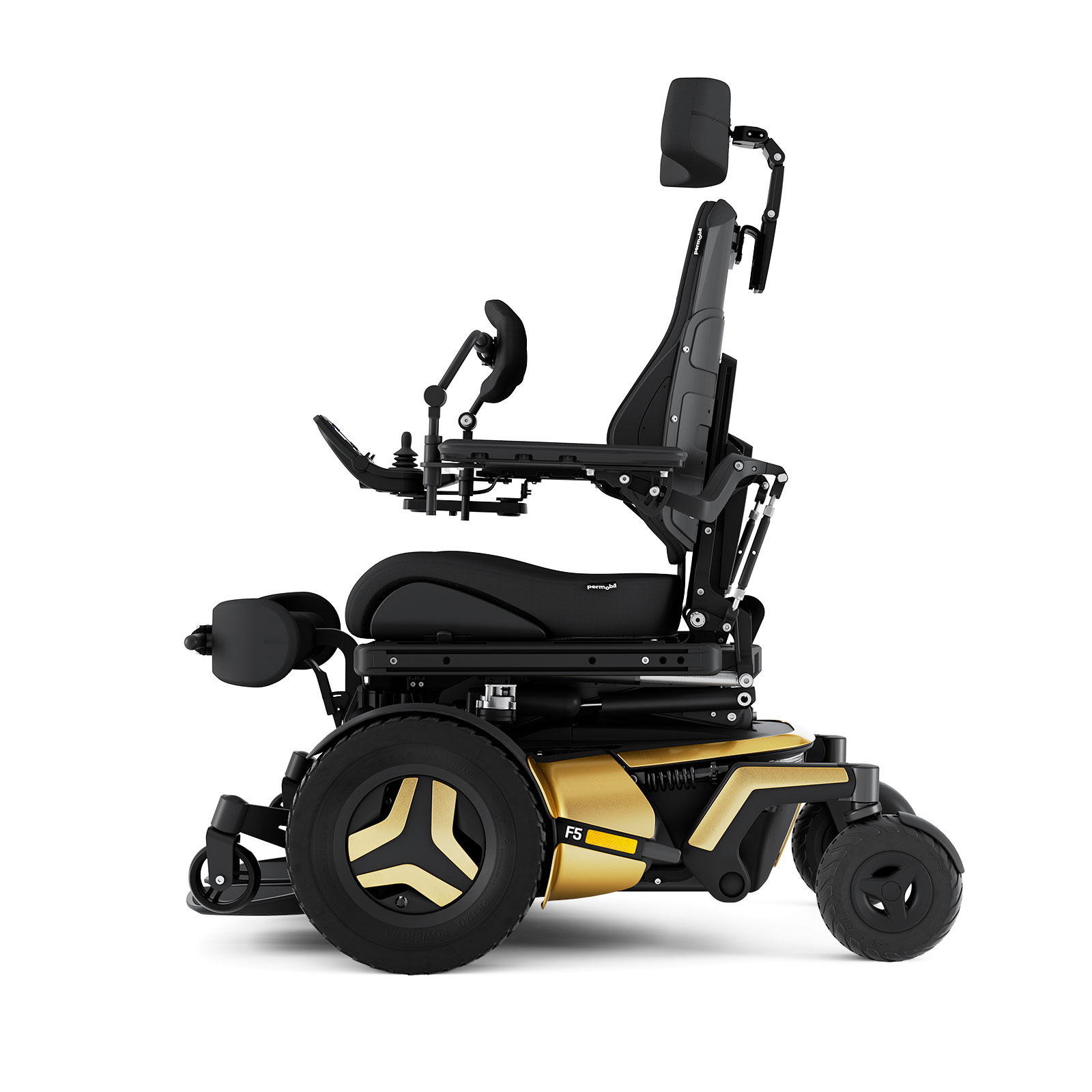 F5VS Corpus in gold in a standard seating position standing powerchair in suffolk