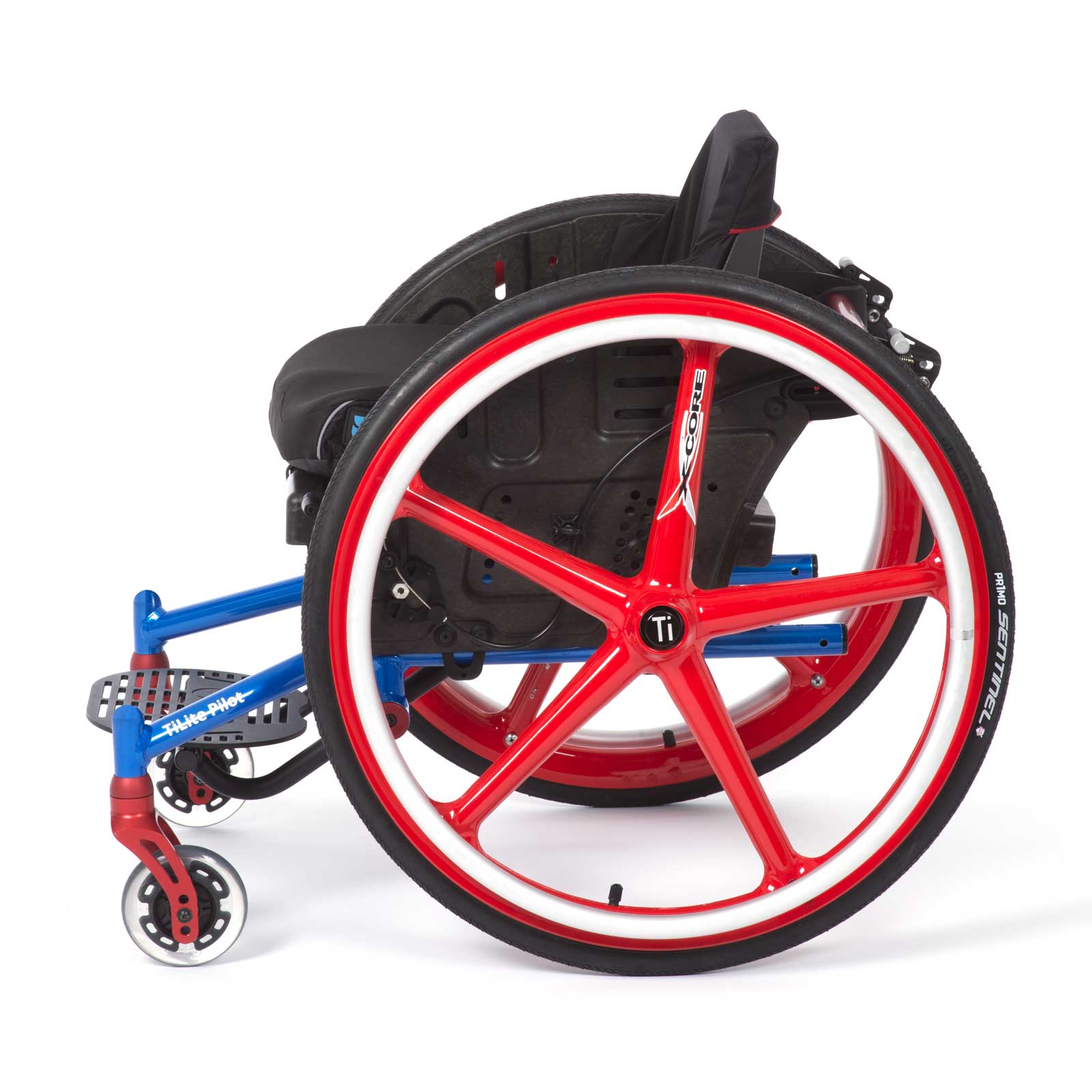 tilite pilot paediatric wheelchair in blue with red wheels